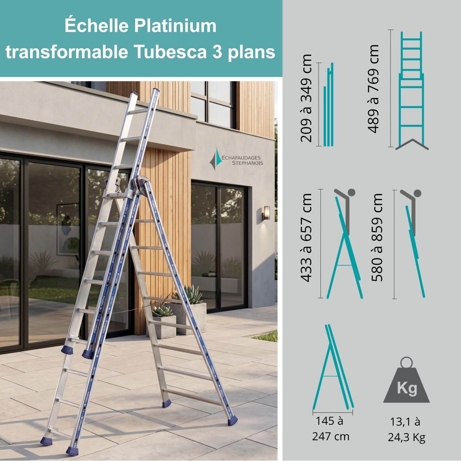 Hauteur de travail de l'échelle transformable 3 plans Tubesca Platinium du 3x7 au 3x12