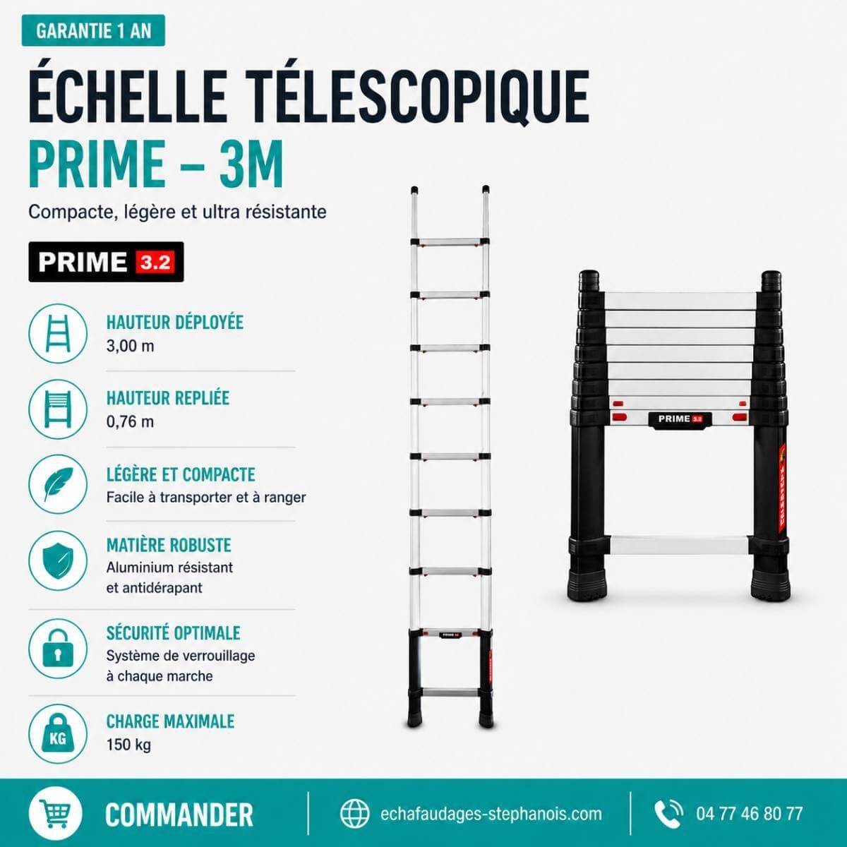 Échelle télescopique Prime Telesteps 3m en aluminium dépliée