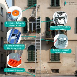 Échelle usage ultra intensif coulissante 3 plans avec corde