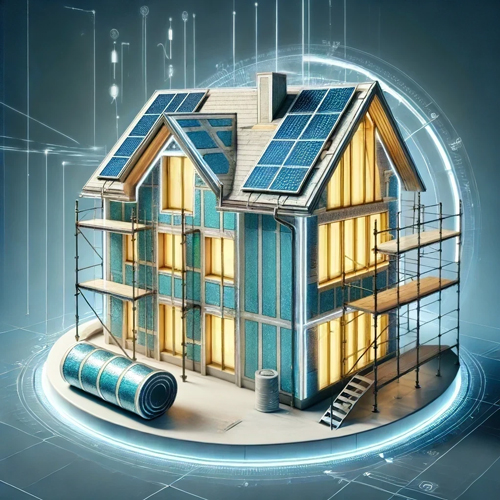 Maison en rénovation énergétique avec échafaudage en acier galvanisé – Vision futuriste de la construction durable